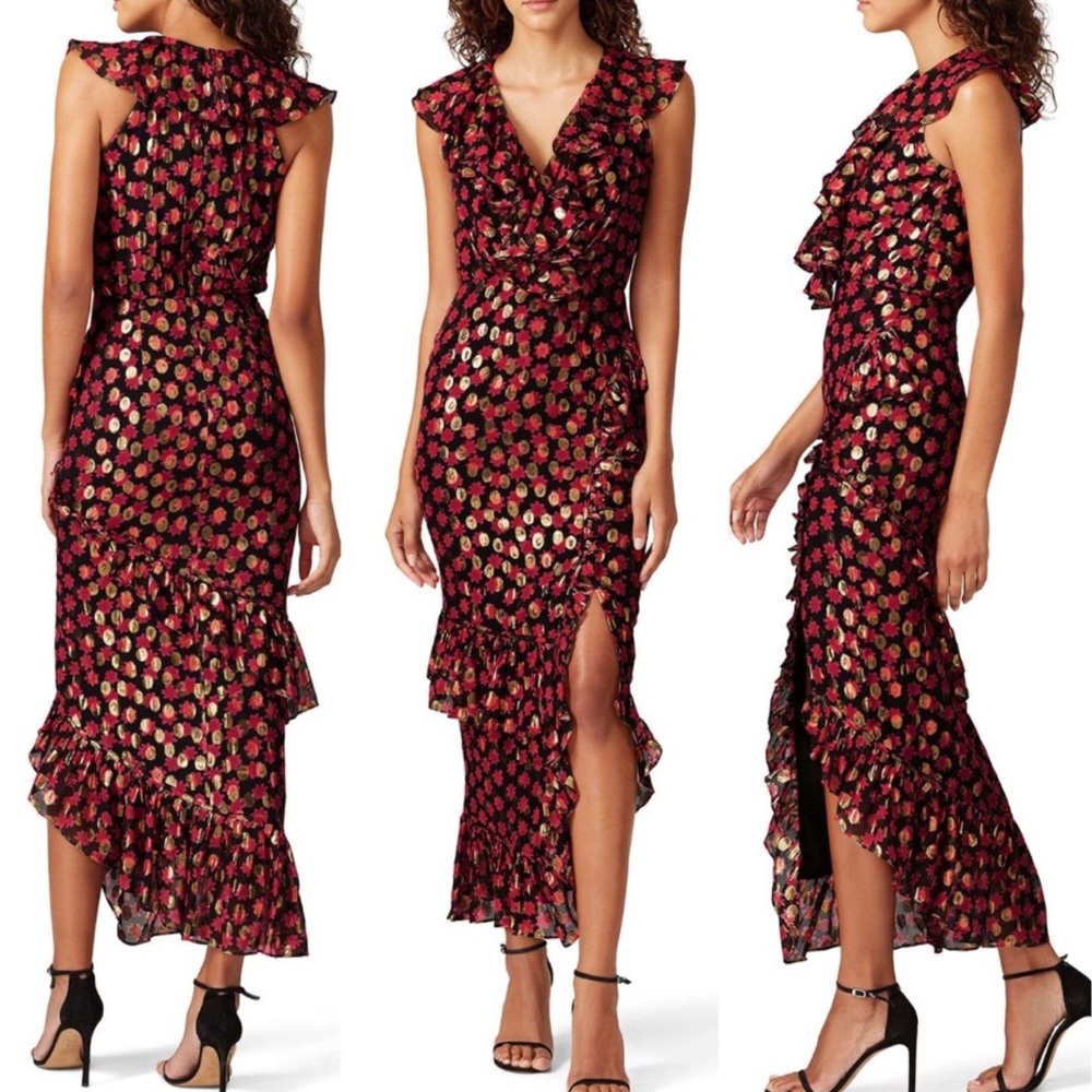 Saloni Women's Red Anita Ruffle Trim Burnout Dress US 4